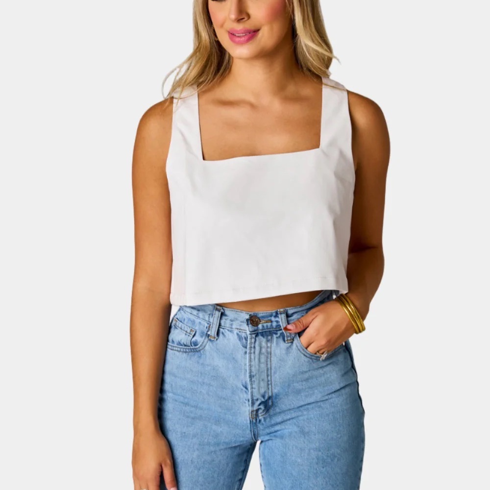 White Square Neck Faux Leather Women's Top